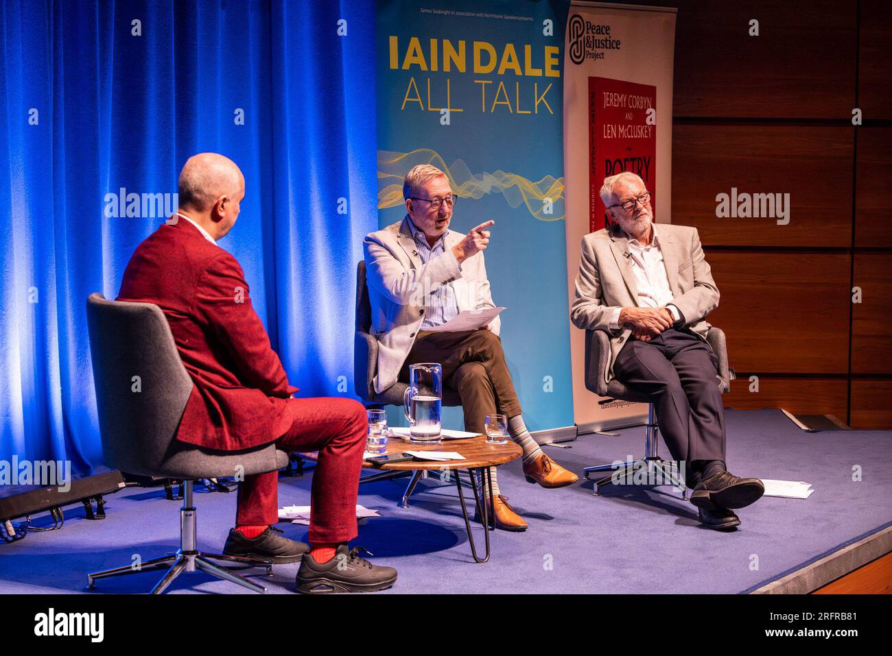Edinburgh, United Kingdom. 05 August, 2023 Pictured: Iain Dale, LenMcCluskey and Jeremy Corbyn. Former Labour leader Jeremy Corbyn MP and renowned trade unionist Len McCluskey are interviewed by LBC presenter Iain Dale at the Edinburgh Fringe. During the interview McCluskey accused Keir Starmer of reneging on an agreement to retain Corbyn in the Labour Party. Jeremy Corbyn was quizzed if he will stand as an independent candidate in his constituency and responded by saying ‘watch this space’. Credit: Rich Dyson/Alamy Live News Stock Photo