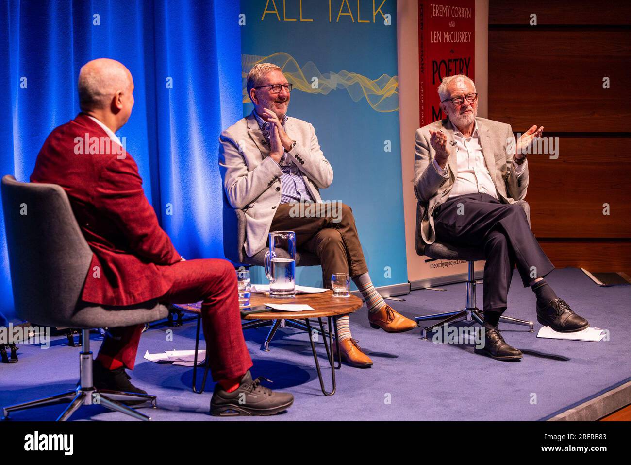 Edinburgh, United Kingdom. 05 August, 2023 Pictured: Iain Dale, LenMcCluskey and Jeremy Corbyn. Former Labour leader Jeremy Corbyn MP and renowned trade unionist Len McCluskey are interviewed by LBC presenter Iain Dale at the Edinburgh Fringe. During the interview McCluskey accused Keir Starmer of reneging on an agreement to retain Corbyn in the Labour Party. Jeremy Corbyn was quizzed if he will stand as an independent candidate in his constituency and responded by saying ‘watch this space’. Credit: Rich Dyson/Alamy Live News Stock Photo