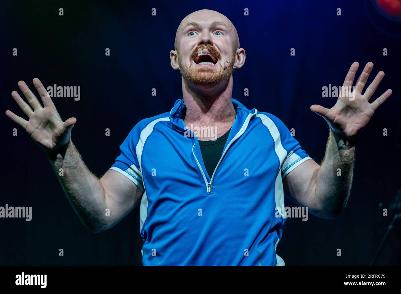 Edinburgh, Scotland, UK, 5th August 2023. Edinburgh festival fringe  Pleasance launch: Excerpts from the Pleasance Fringe shows are launched at a preview event. Pictured: an actor in the musical show Public - The Musical. Credit: Sally Anderson/Alamy Live News Stock Photo