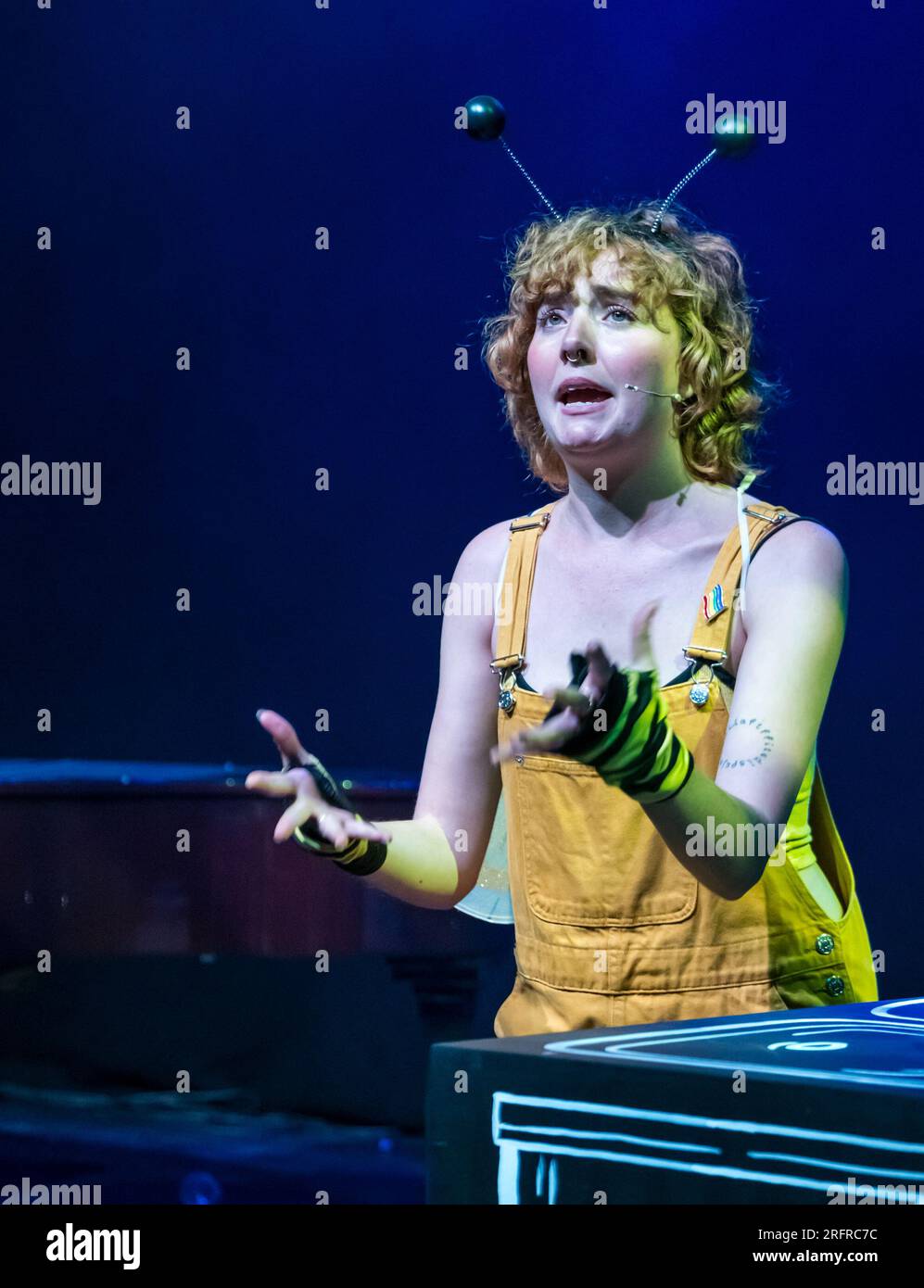 Edinburgh, Scotland, UK, 5th August 2023. Edinburgh festival fringe  Pleasance launch: Excerpts from the Pleasance Fringe shows are launched at a preview event. Pictured: an actor in the musical show Public - The Musical. Credit: Sally Anderson/Alamy Live News Stock Photo