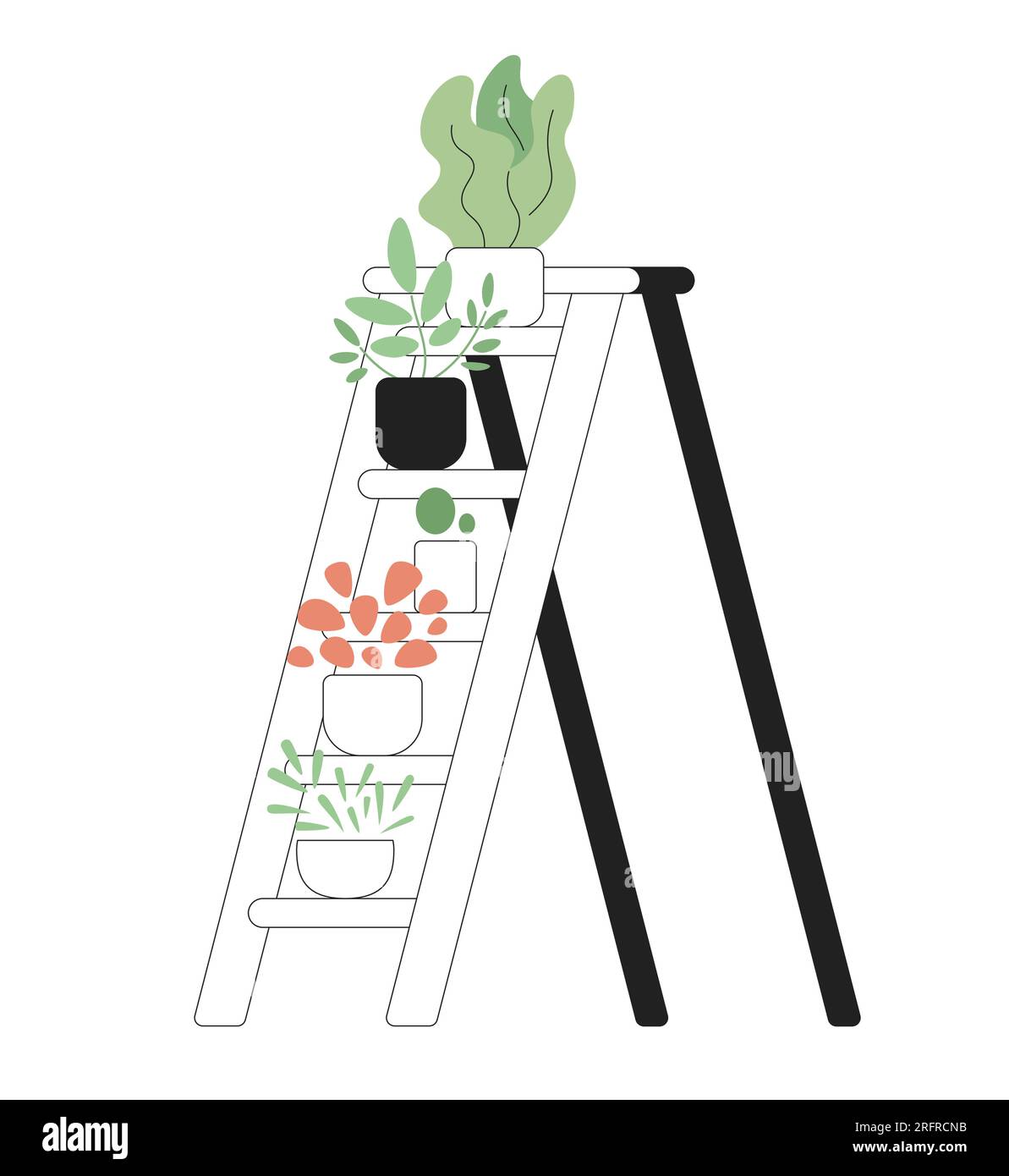 Houseplants on ladder steps monochrome flat vector object Stock Vector