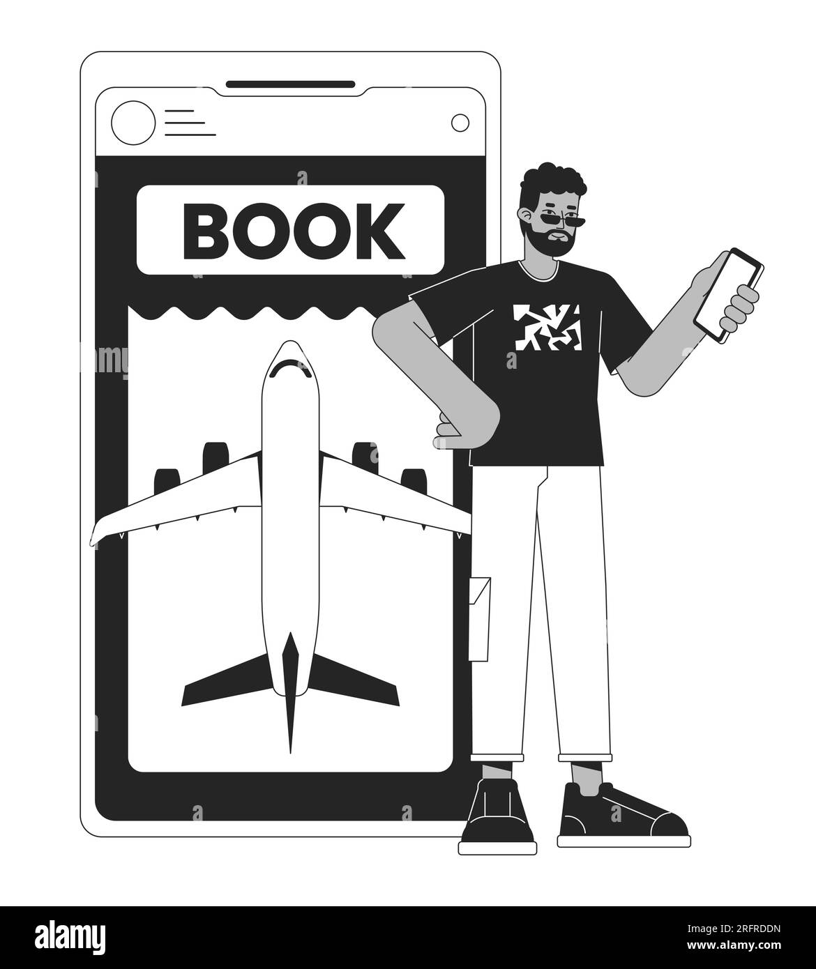 Buying tickets on plane online by smartphone bw concept vector spot