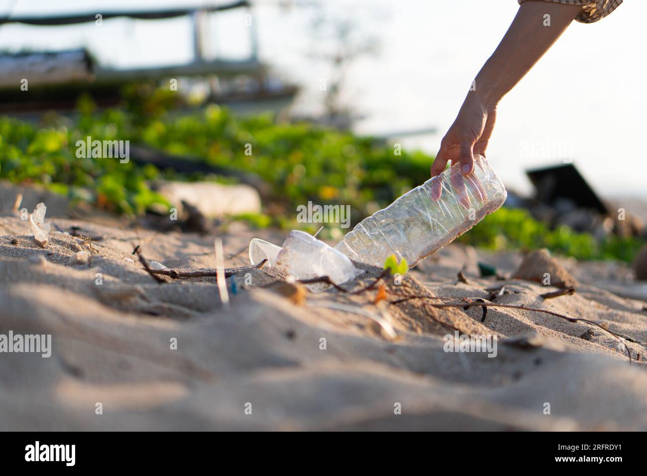 Volunteer picking plastic bottle clean up day, collecting waste on sea