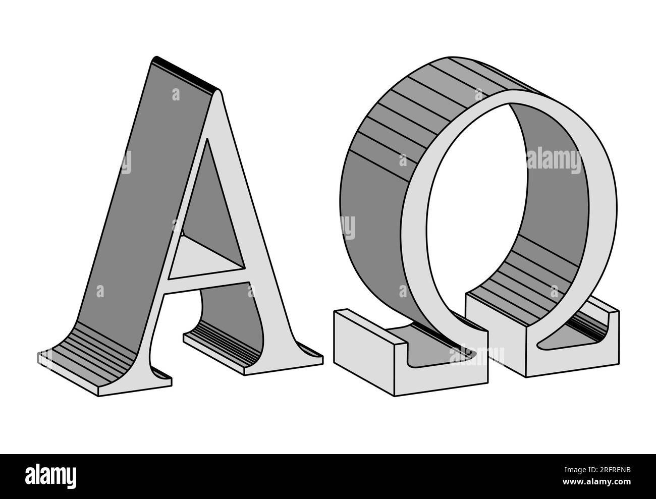 The Alpha - Omega symbols. in 3D blocks on a white background Stock Photo
