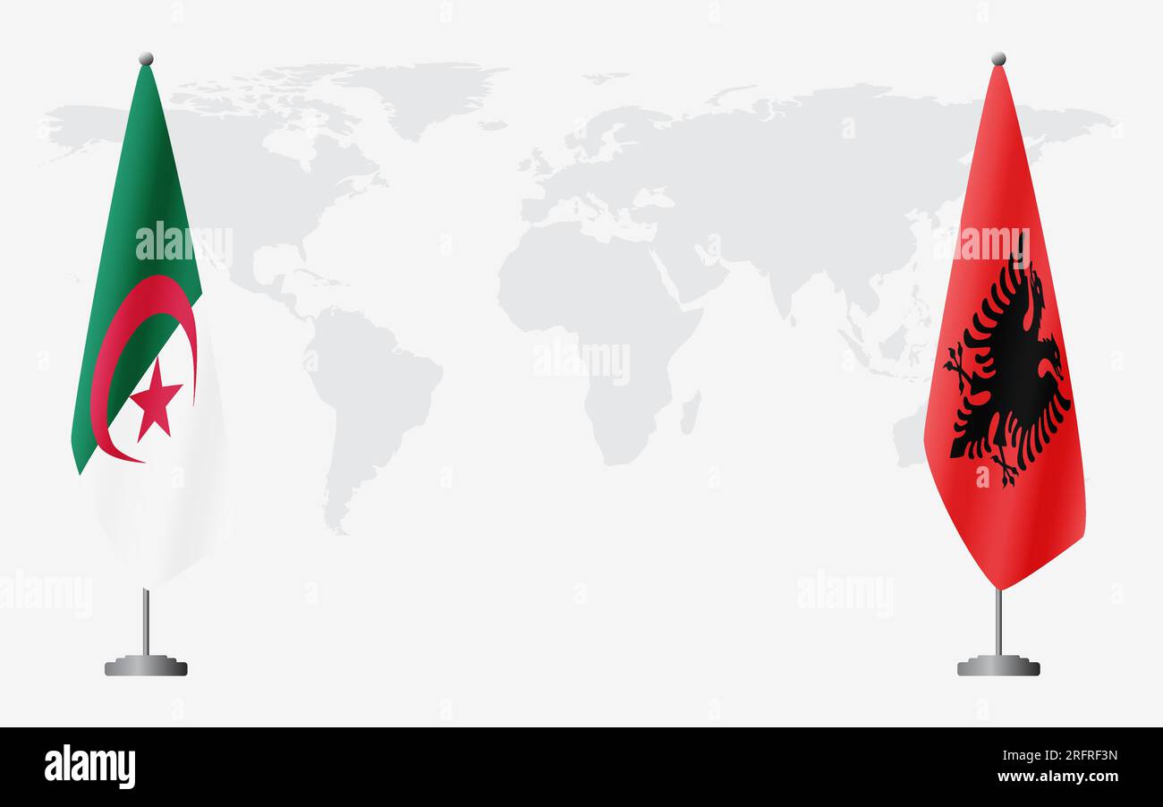 Algeria and Albania flags for official meeting against background of world map. Stock Vector