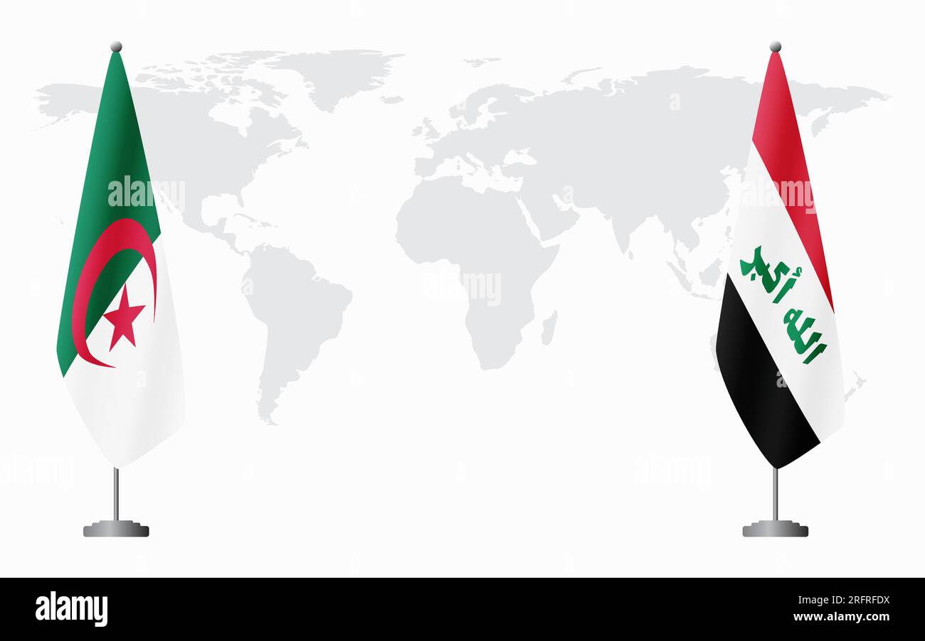Algeria and Iraq flags for official meeting against background of world map. Stock Vector