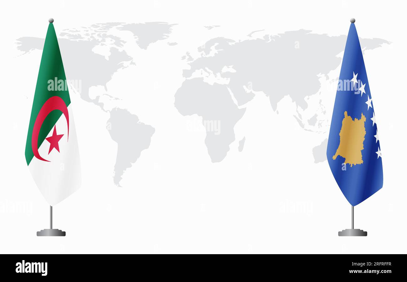 Algeria and Kosovo flags for official meeting against background of world map. Stock Vector