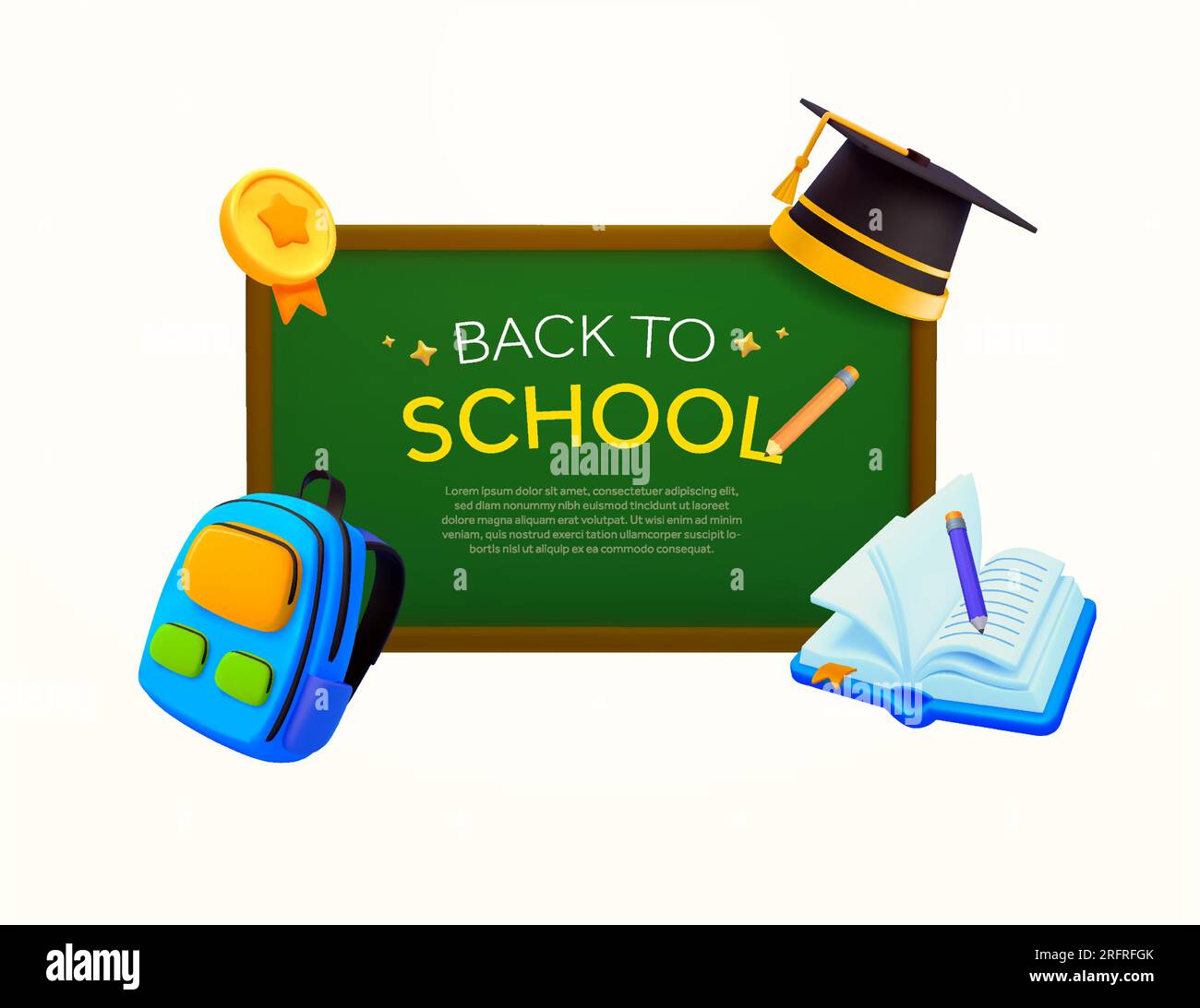 3d chalkboard with backpack, notebook, pencil, graduation cap or hat, golden medal, isolated on white background. Back to school banner template, school and education icon, study vector illustration. Vector illustration Stock Vector