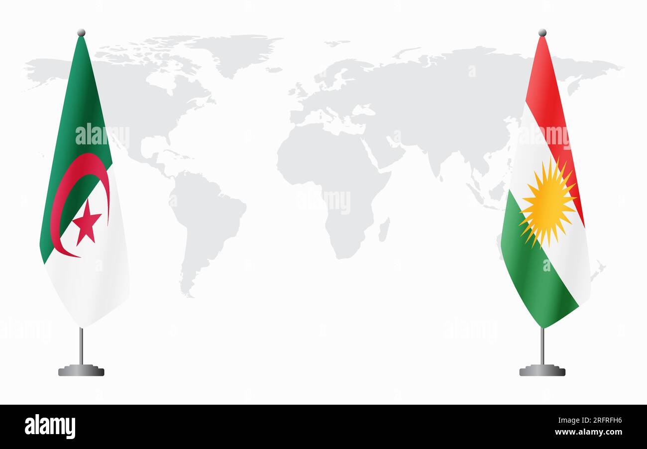 Algeria and Kurdistan flags for official meeting against background of world map. Stock Vector