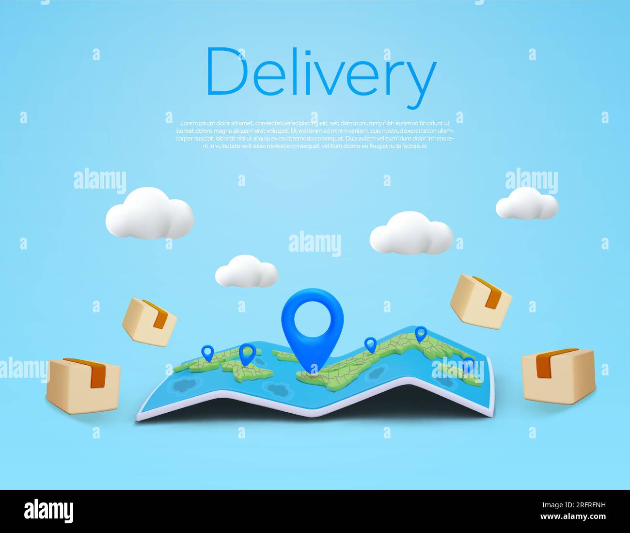 3d world map with pin marker icons, cargo package boxes, clouds ...
