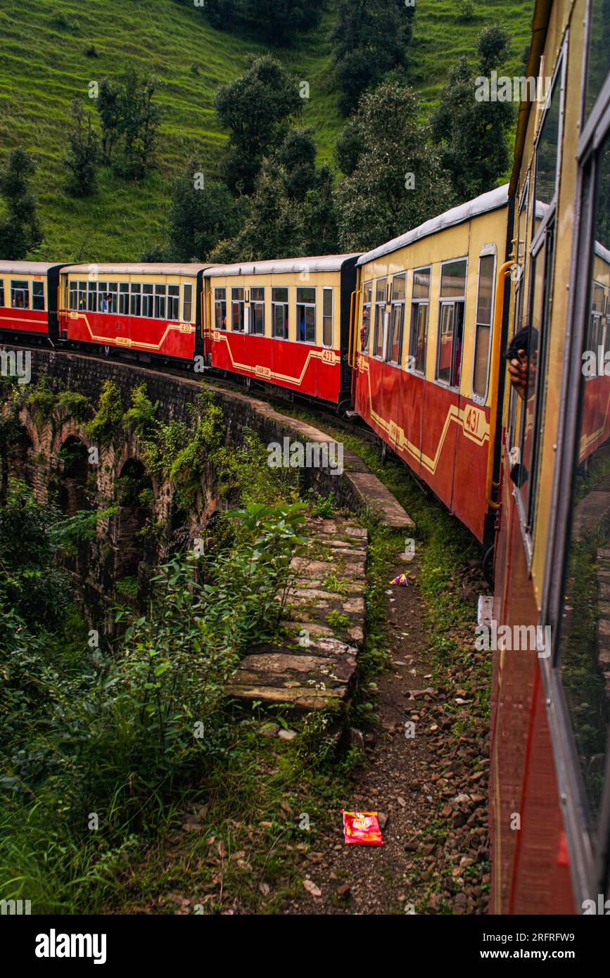 Himalayan Queen Toy train KalkaShimla route, moving on railway to the