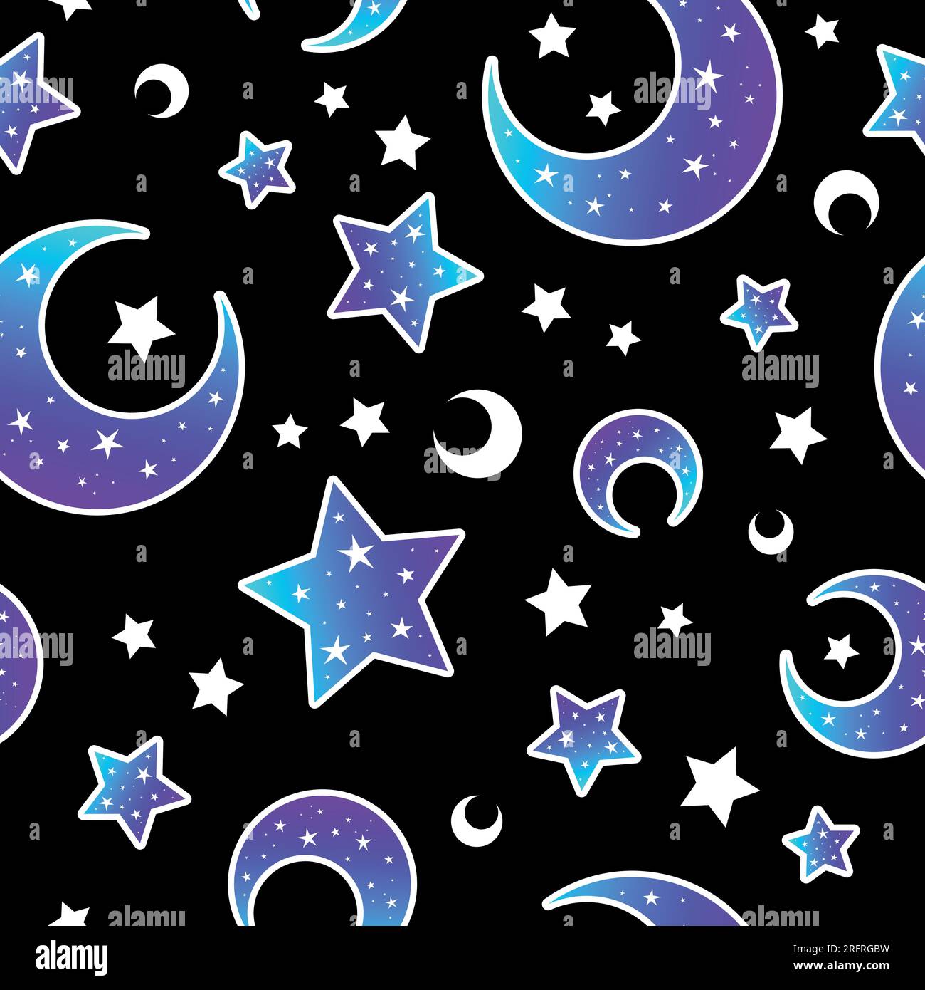 Mystical bright neon pattern with moon and stars. Vector illustration