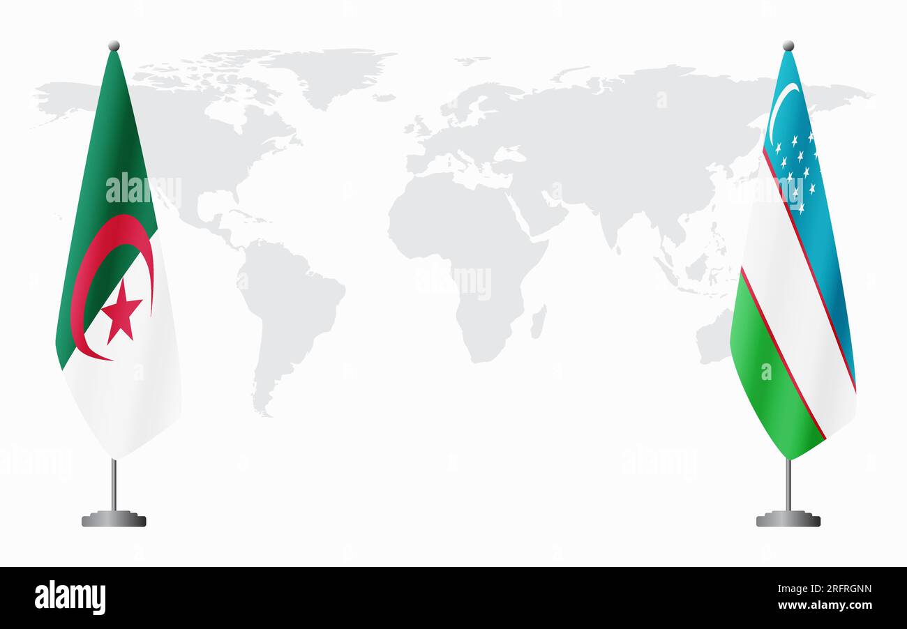 Algeria and Uzbekistan flags for official meeting against background of world map. Stock Vector