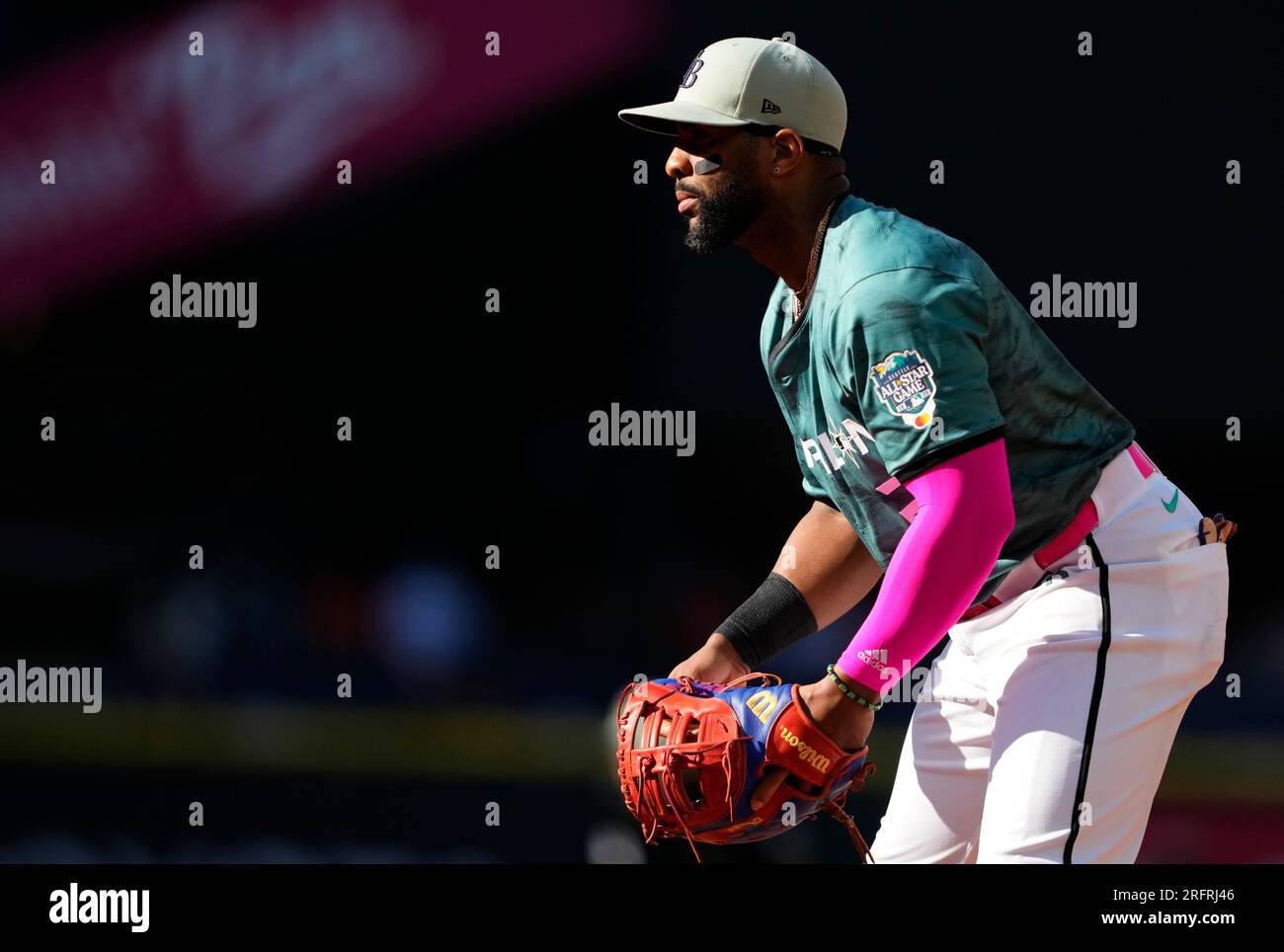 American League's Marcus Semien, of the Texas Rangers, stands on the field  during the MLB All-Star baseball game against the National League in  Seattle, Tuesday, July 11, 2023. (AP Photo/Lindsey Wasson Stock