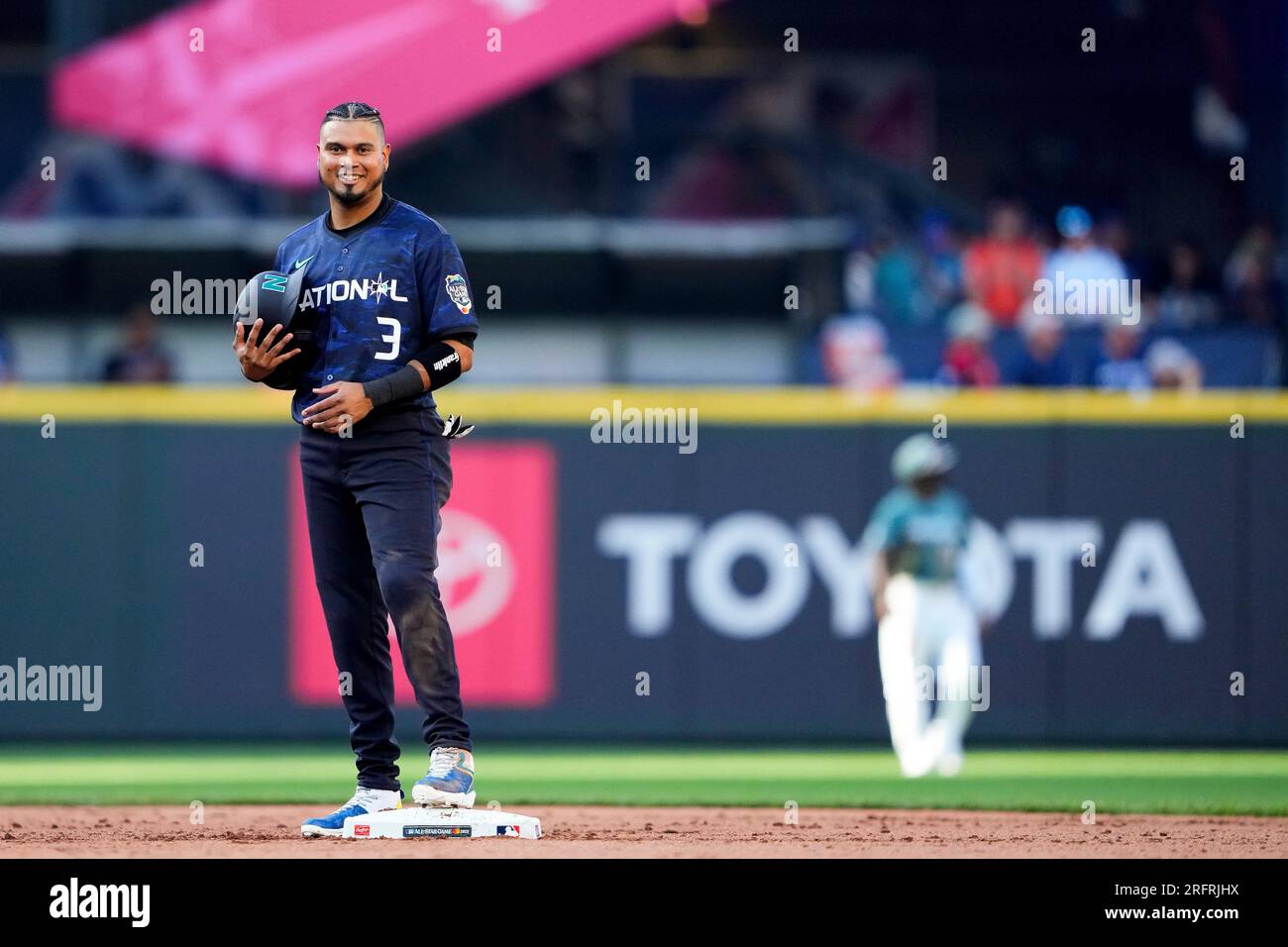 National League's Luis Arraez, of the Miami Marlins stands on second base  during the MLB All-Star baseball game against the American League in  Seattle, Tuesday, July 11, 2023. (AP Photo/Lindsey Wasson Stock