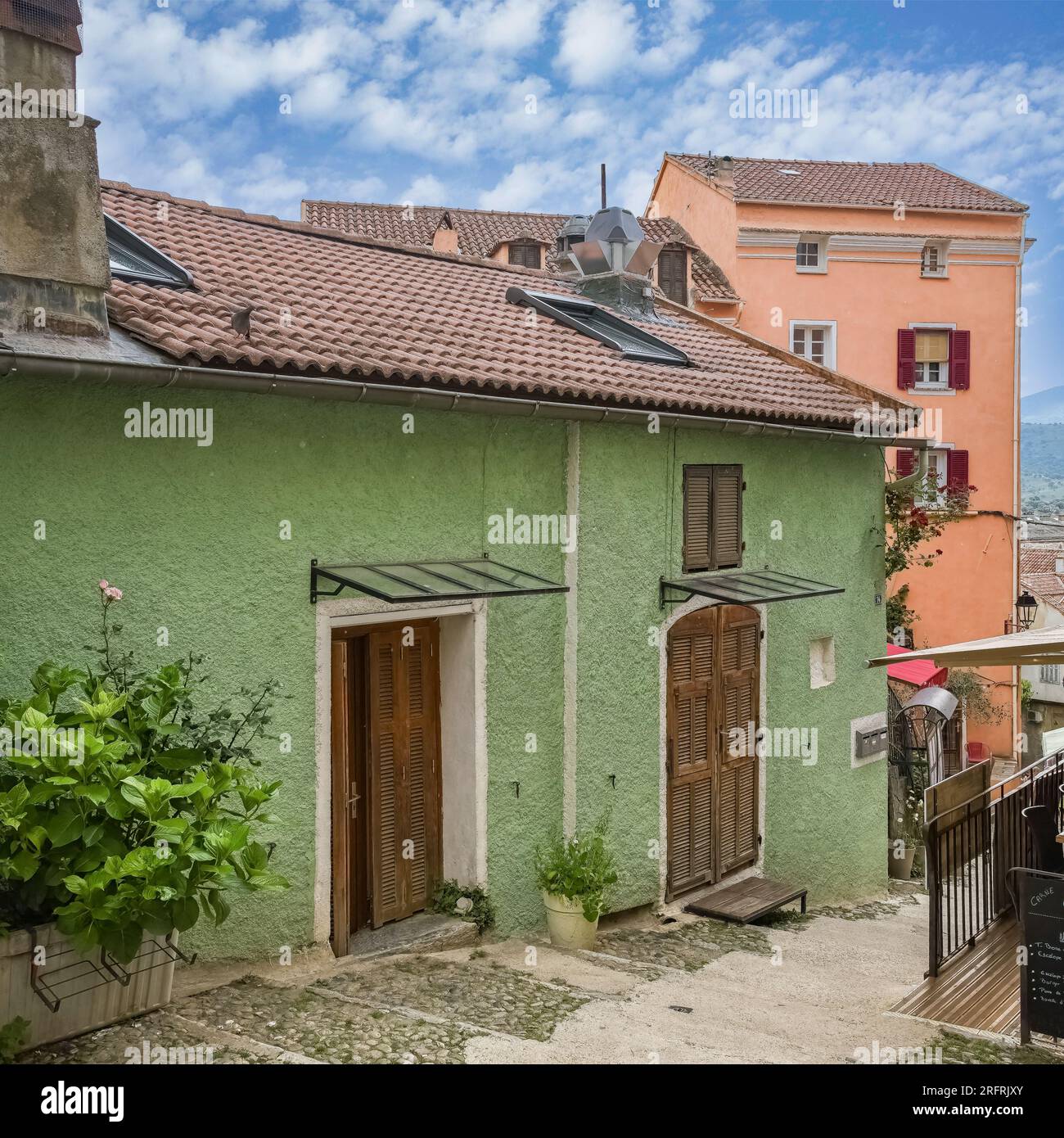 Corse, ancient colorful houses in Corte, in the historic center Stock ...