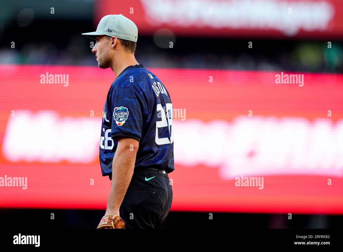 National League's Matt Olson, of the Atlanta Braves, looks on during the  MLB All-Star baseball game against the American League in Seattle, Tuesday,  July 11, 2023. (AP Photo/Lindsey Wasson Stock Photo 