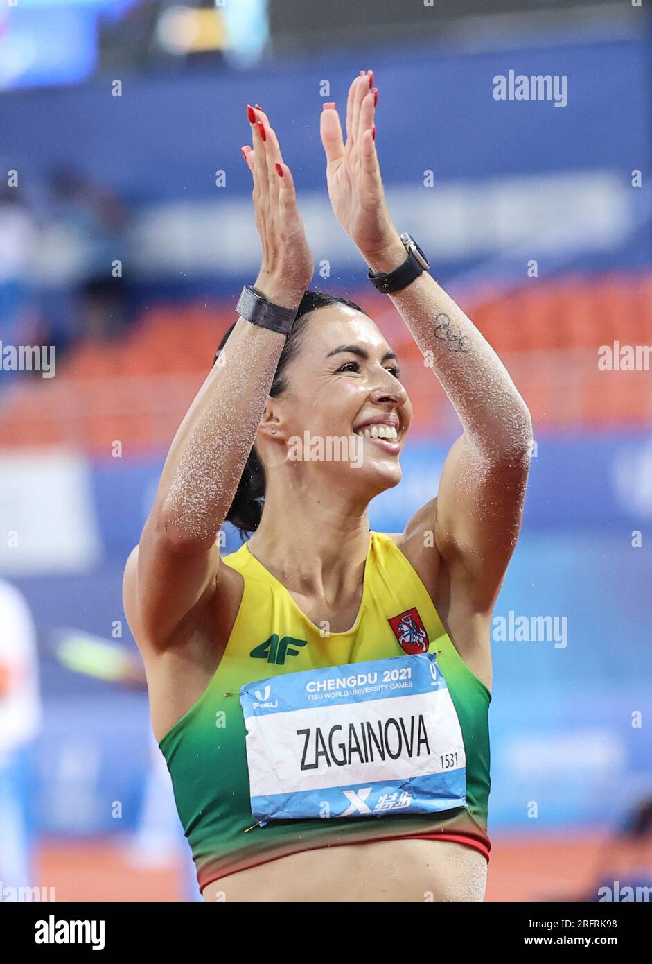 Chengdu, China's Sichuan Province. 5th Aug, 2023. Silver medalist Diana Zagainova of Lithuania celebrates during the athletics women's triple jump final at the 31st FISU Summer World University Games in Chengdu, southwest China's Sichuan Province, Aug. 5, 2023. Credit: Li Jing/Xinhua/Alamy Live News Stock Photo