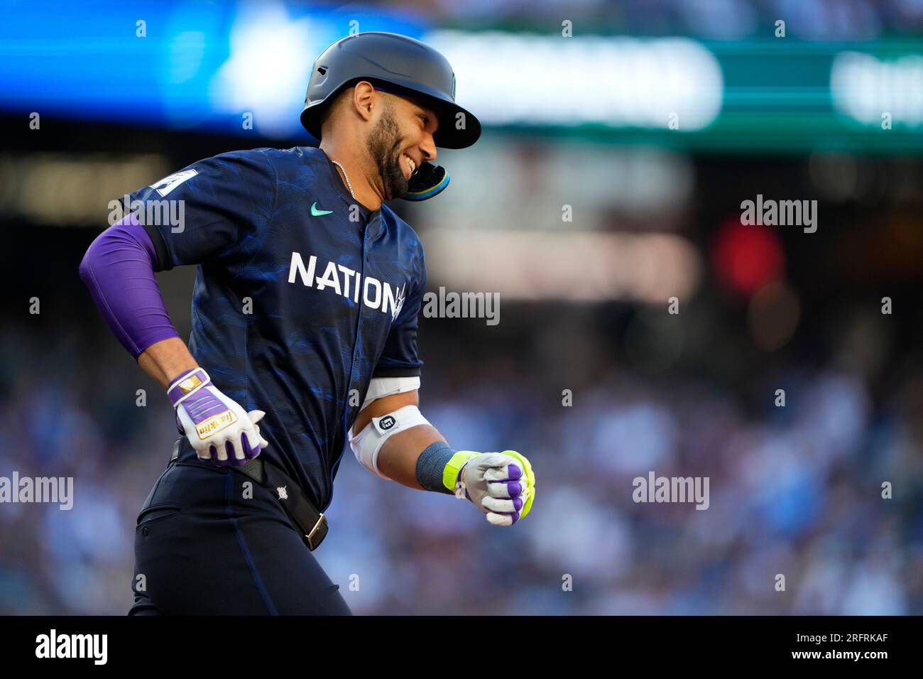 National League's Lourdes Gurriel Jr., of the Arizona Diamondbacks, watches  the MLB All-Star baseball Home Run Derby, Monday, July 10, 2023, in  Seattle. (AP Photo/Lindsey Wasson Stock Photo - Alamy