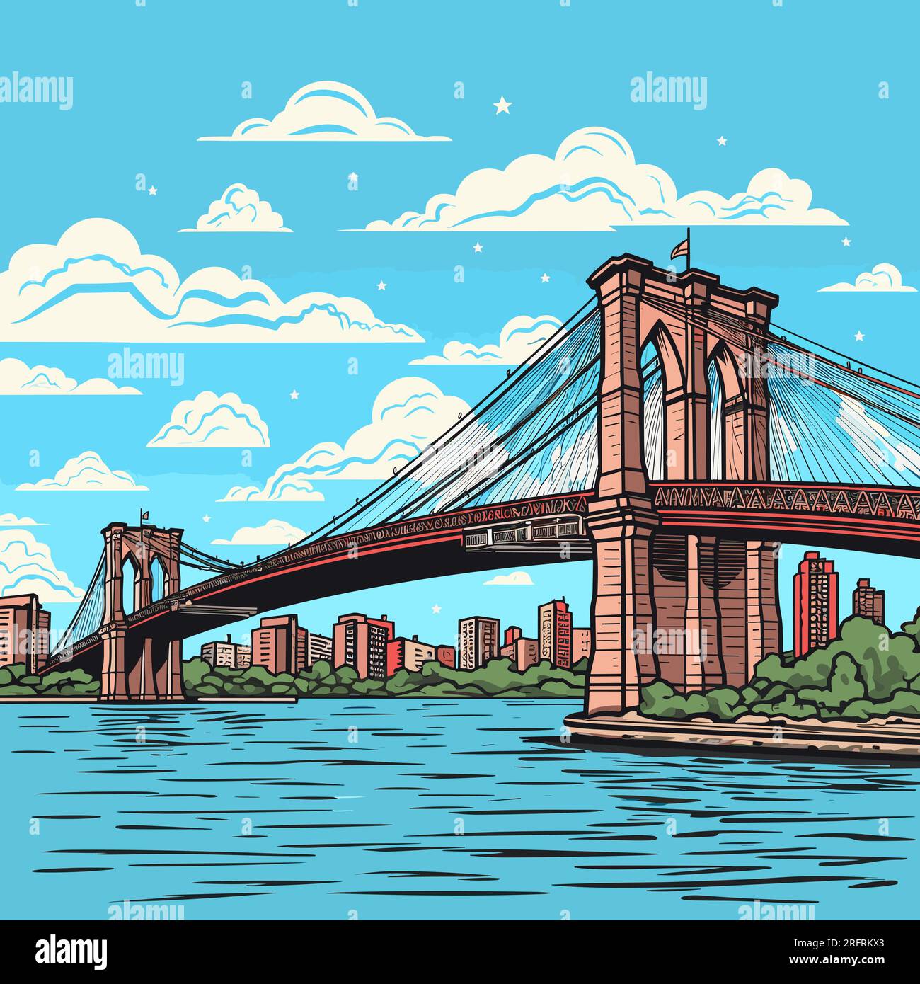 Brooklyn Bridge hand-drawn comic illustration. Brooklyn Bridge. Vector ...