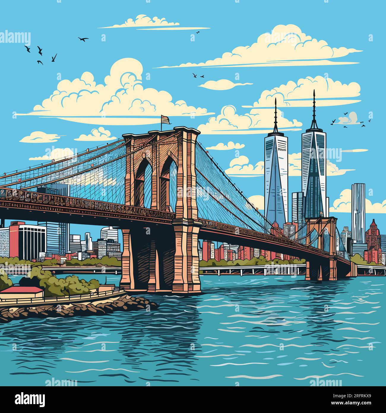 Brooklyn Bridge hand-drawn comic illustration. Brooklyn Bridge. Vector ...