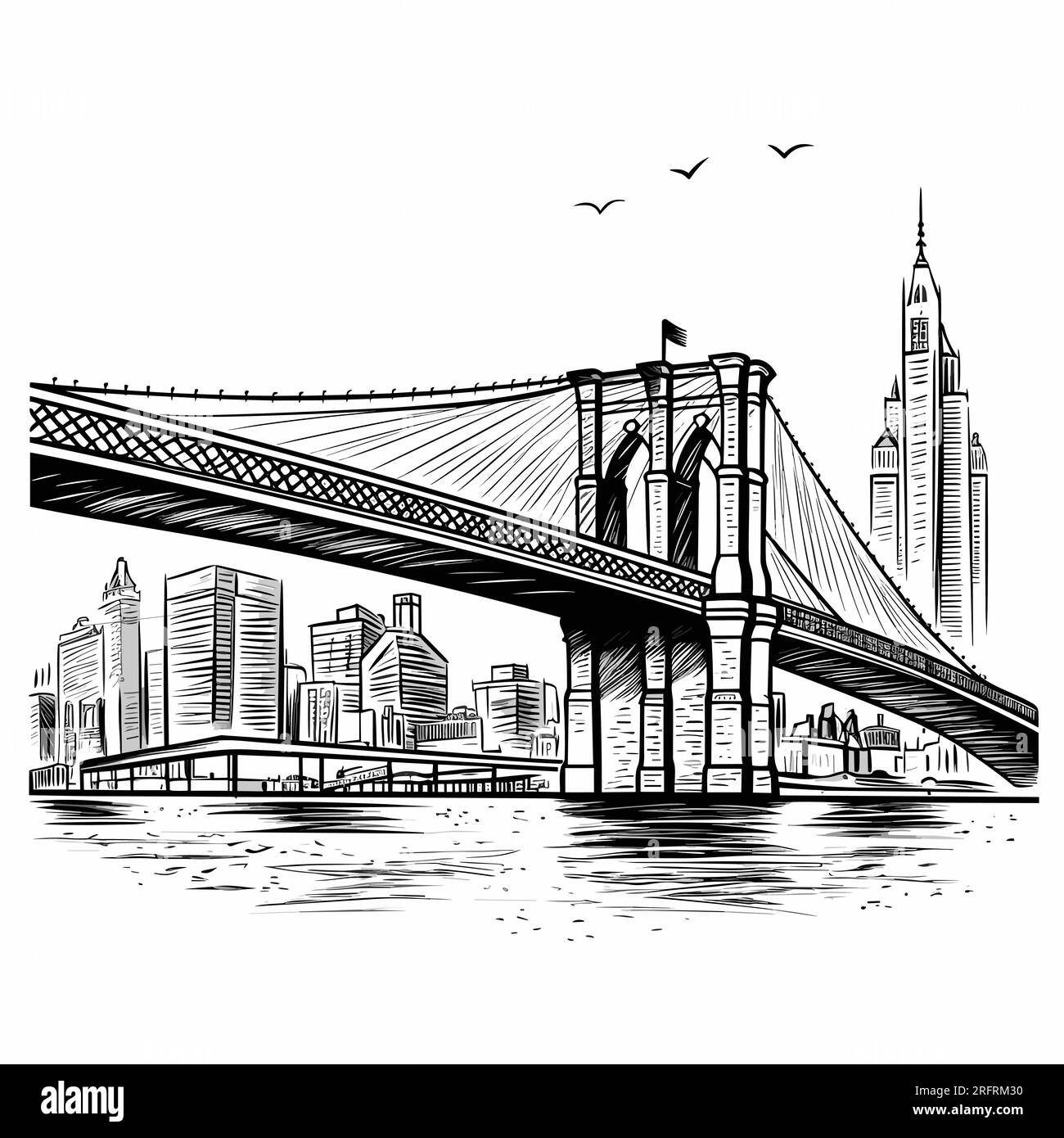 Brooklyn Bridge handdrawn comic illustration. Brooklyn Bridge. Vector