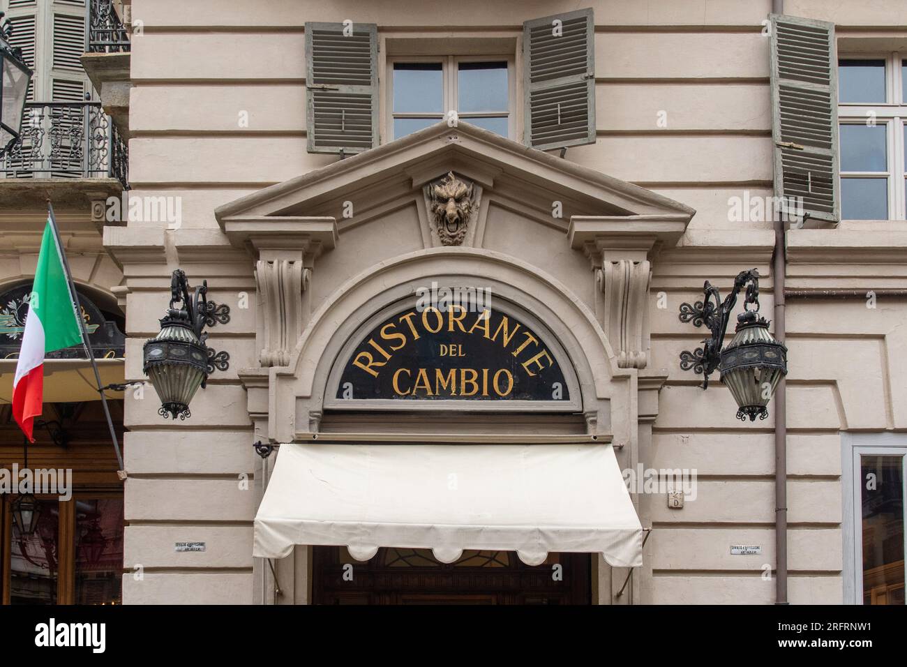 Sign of the 'Ristorante del Cambio' restaurant, founded in 1757 and frequented by Cavour and Giacomo Casanova, in the historic centre of Turin, Italy Stock Photo