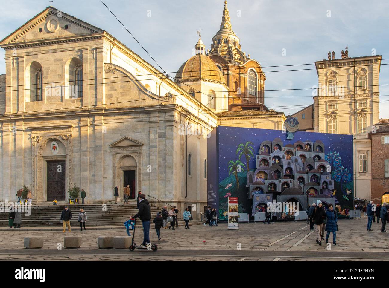 Cathedral of St John the Baptist with the Chapel of the Holy Shroud and the Advent Calendar by Emanuele Luzzati during the Christmas Holidays, Turin Stock Photo