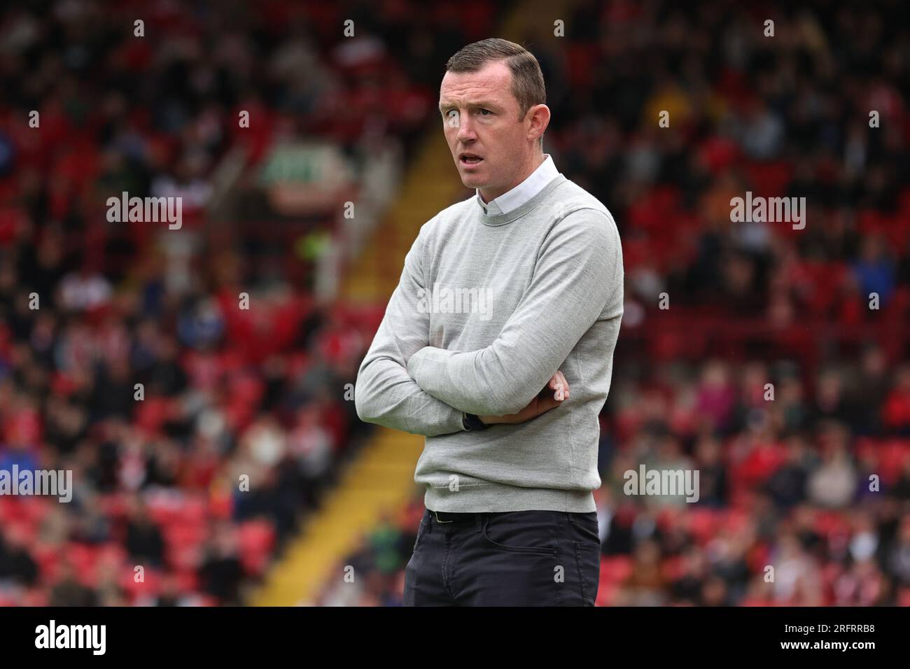 Neill Collins Head coach of Barnsley looks on during the Sky Bet League 1 match Barnsley vs Port Vale at Oakwell, Barnsley, United Kingdom, 5th August 2023 (Photo by Mark Cosgrove/News Images