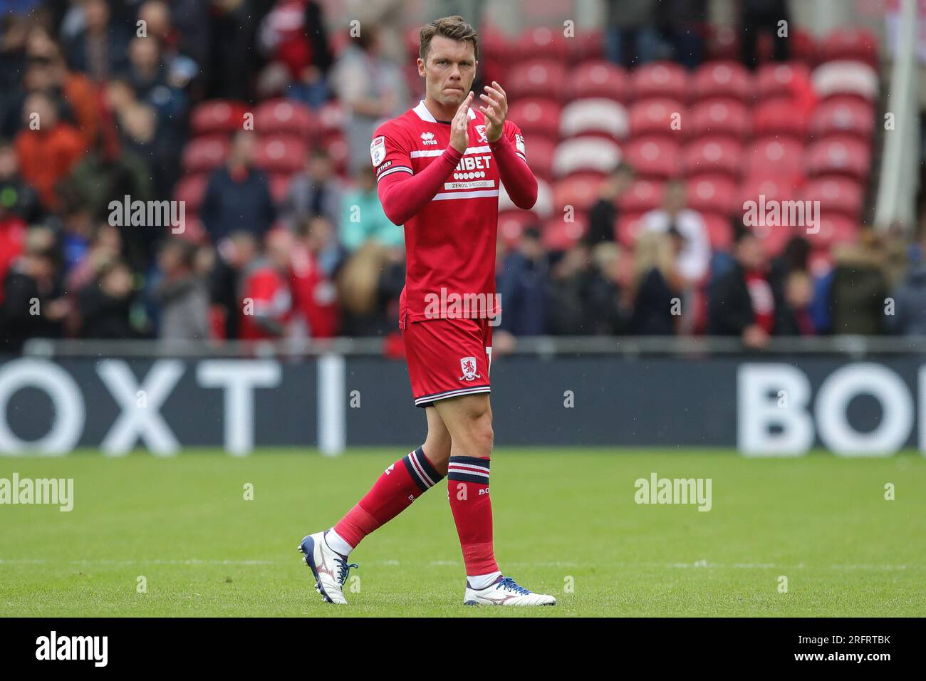 Jonathan Howson #16 of Middlesbrough claps his hands and applauds the supporters at full-time after the Sky Bet Championship match Middlesbrough vs Millwall at Riverside Stadium, Middlesbrough, United Kingdom, 5th August 2023  (Photo by James Heaton/News Images) Stock Photo