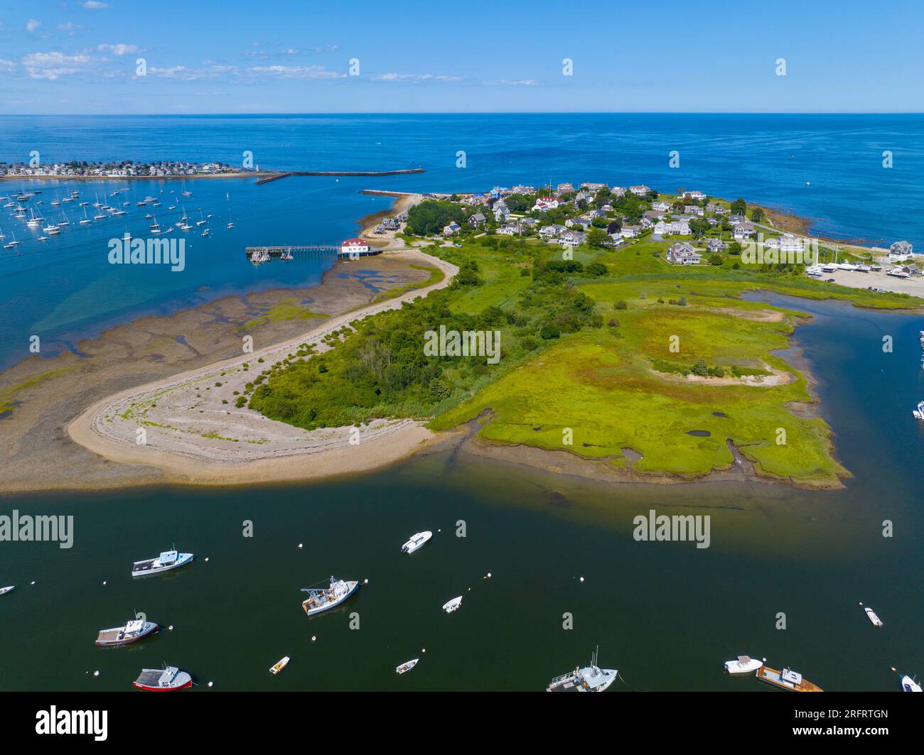 Scituate Harbor aerial view including First Cliff village in town of