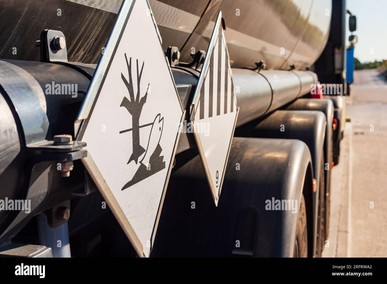 Danger labels on a tanker truck for dangerous goods, indicative of