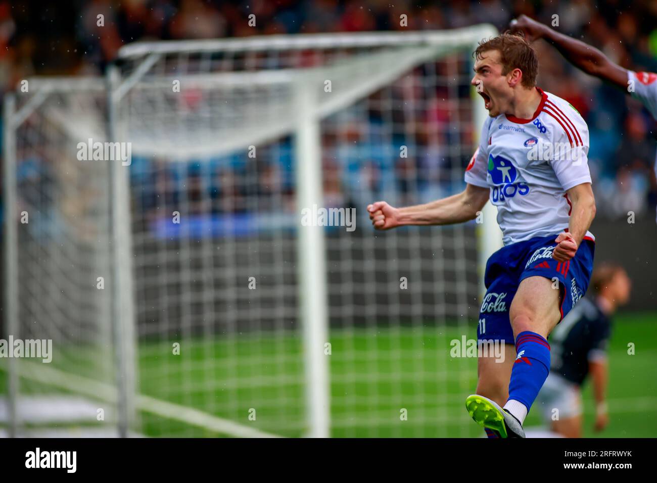 Drammen, Norway, 05 th August 2023.  Vålerenga's Daniel Håkans scores his side's first of the match to make it 1-1 in the match between Strømsgodset and Vålerenga at Marienlyst Stadion in Drammen.  Credit: Frode Arnesen/Alamy Live News Stock Photo