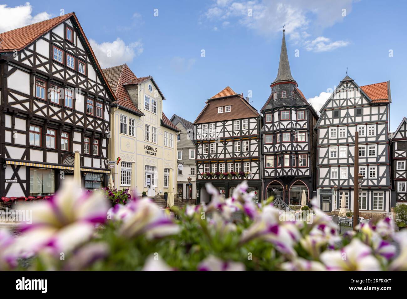The market square with old half-timbered town houses in the historical medieval center of the town Fritzlar, Hesse, Germany Stock Photo