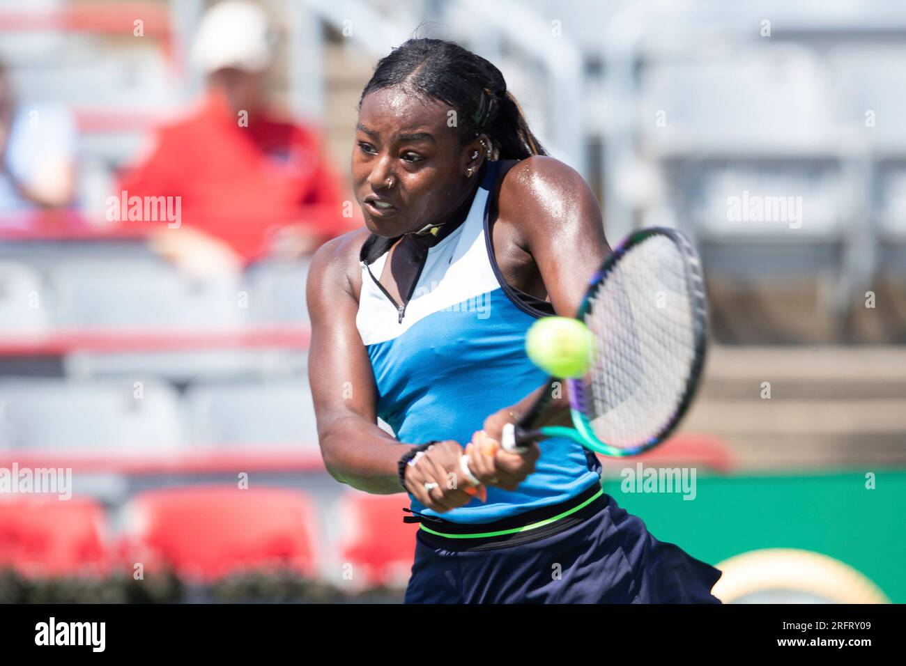 August 05, 2023 Alycia Parks of USA returns service during the WTA National Bank Open qualifying round match at IGA Stadium in Montreal, Quebec