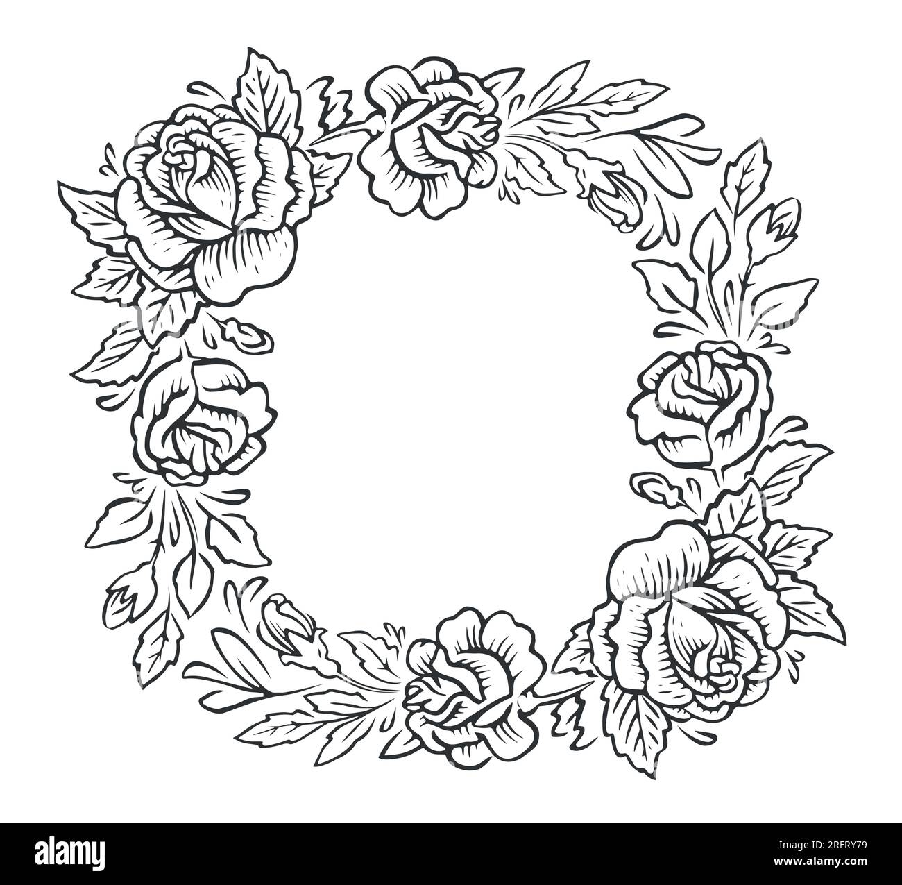 Frame with decorative flowers with leaves. Floral wreath in vintage engraving style. Sketch vector illustration Stock Vector