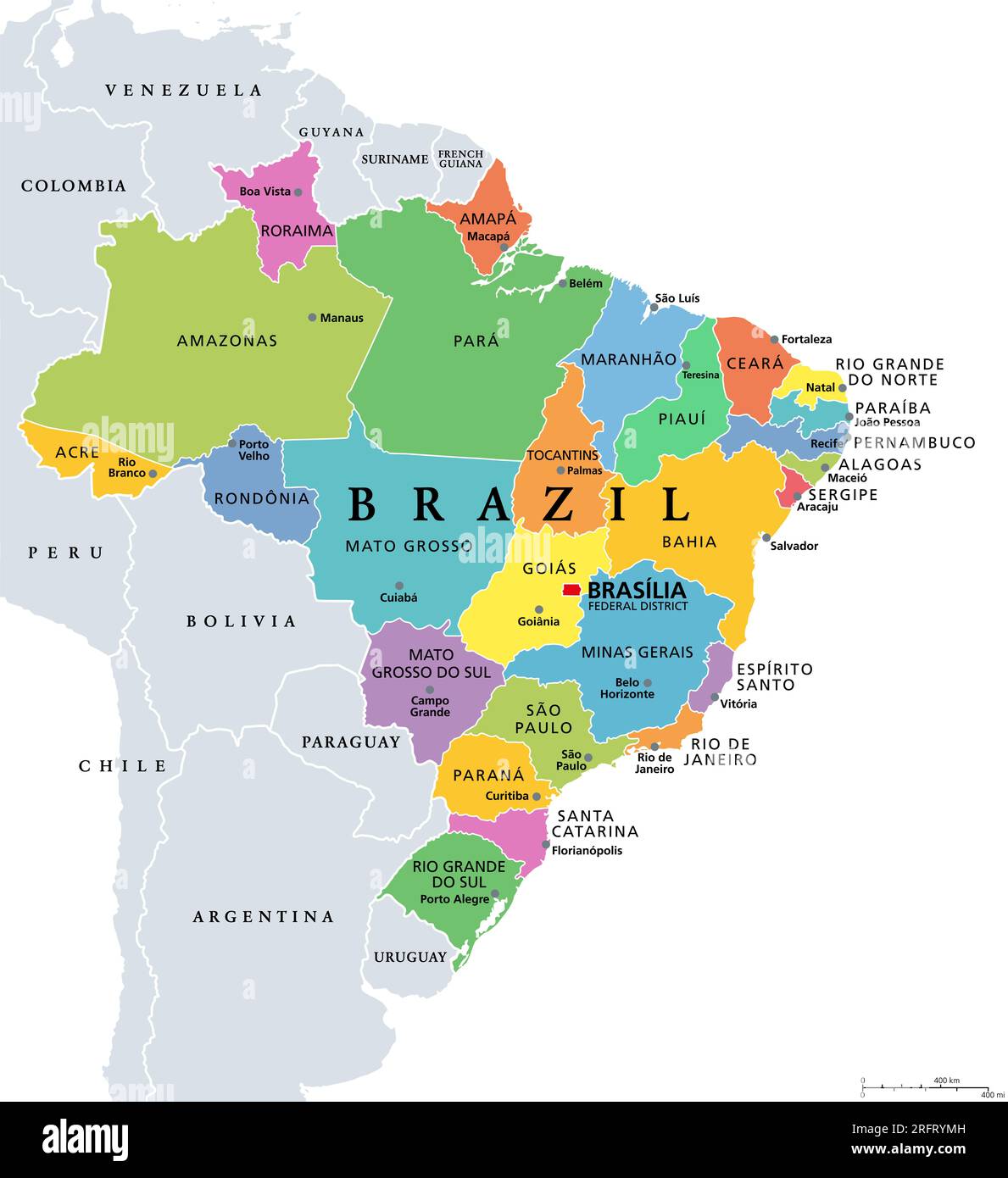 Brazil Political Map With Capital Brasilia, National Borders And