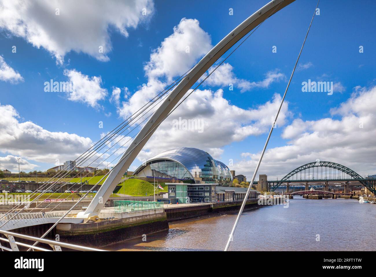 22 April 2016: Newcastle-upon-Tyne, Tyne and Wear, England, UK - The Tyne Bridges and the Gateshead Sage, by Foster and Partners, from the Millennium... Stock Photo
