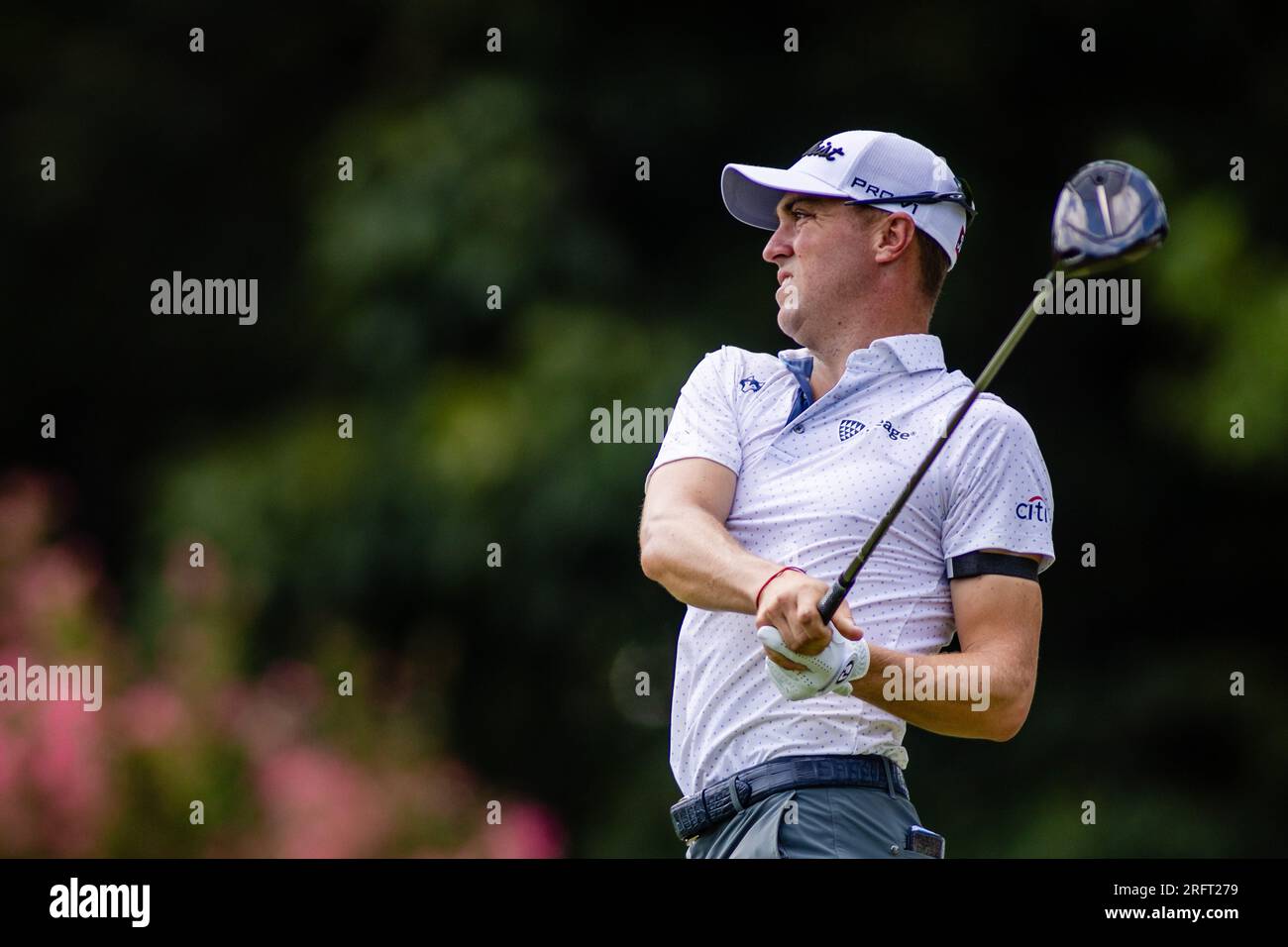 August 5, 2023 Justin Thomas tees off on five during the third day of the 2023 Wyndham Championship at Sedgefield Country Club in Greensboro, NC