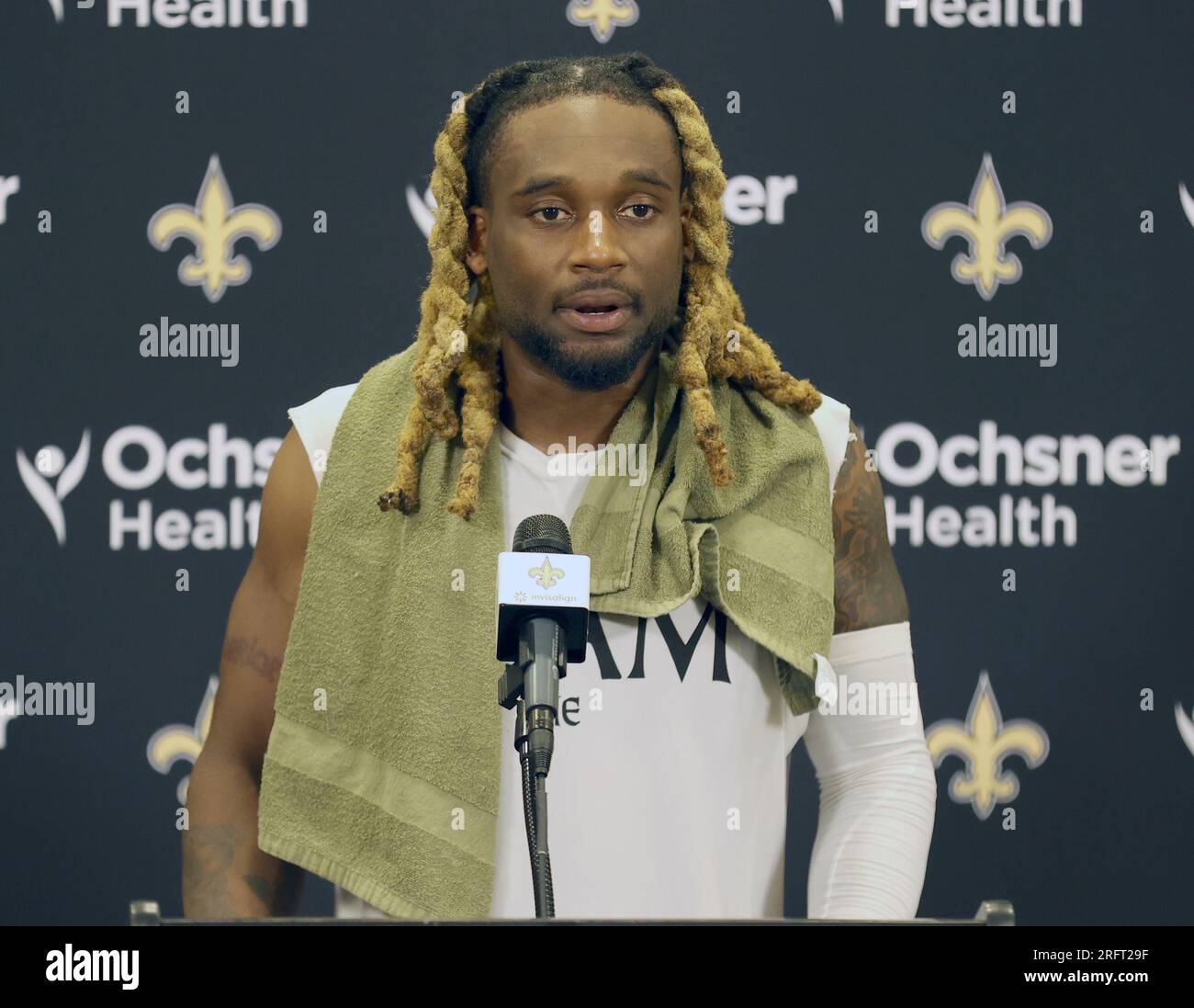 Metairie, USA. 05th Aug, 2023. Cornerback Bradley Roby (21) speaks to the media during New Orleans Saints training camp at the Ochsner Sports Performance Center in Metairie, Louisiana on Saturday, August 5, 2023. (Photo by Peter G. Forest/Sipa USA) Credit: Sipa USA/Alamy Live News Stock Photo