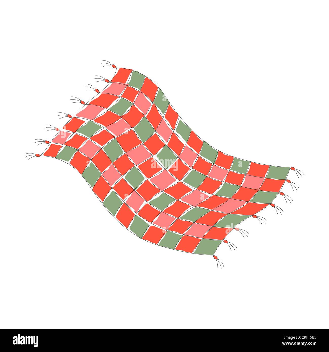 Patchwork quilt. Textile. Warm handmade blanket sewn from multi-colored green-red-pink shreds of fabric. Design. Simple vector illustration in flat style. Isolated on white background Stock Vector