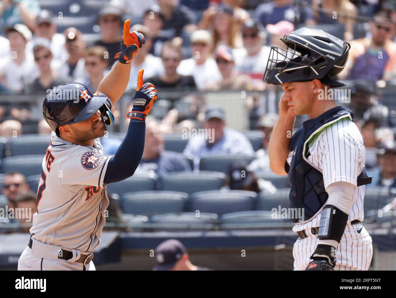 Bronx, United States. 05th Aug, 2023. Houston Astros Jose Altuve celebrates  near New York Yankees catcher Ben Rortvedt at home plate after hitting a  solo home run in the 3rd inning at