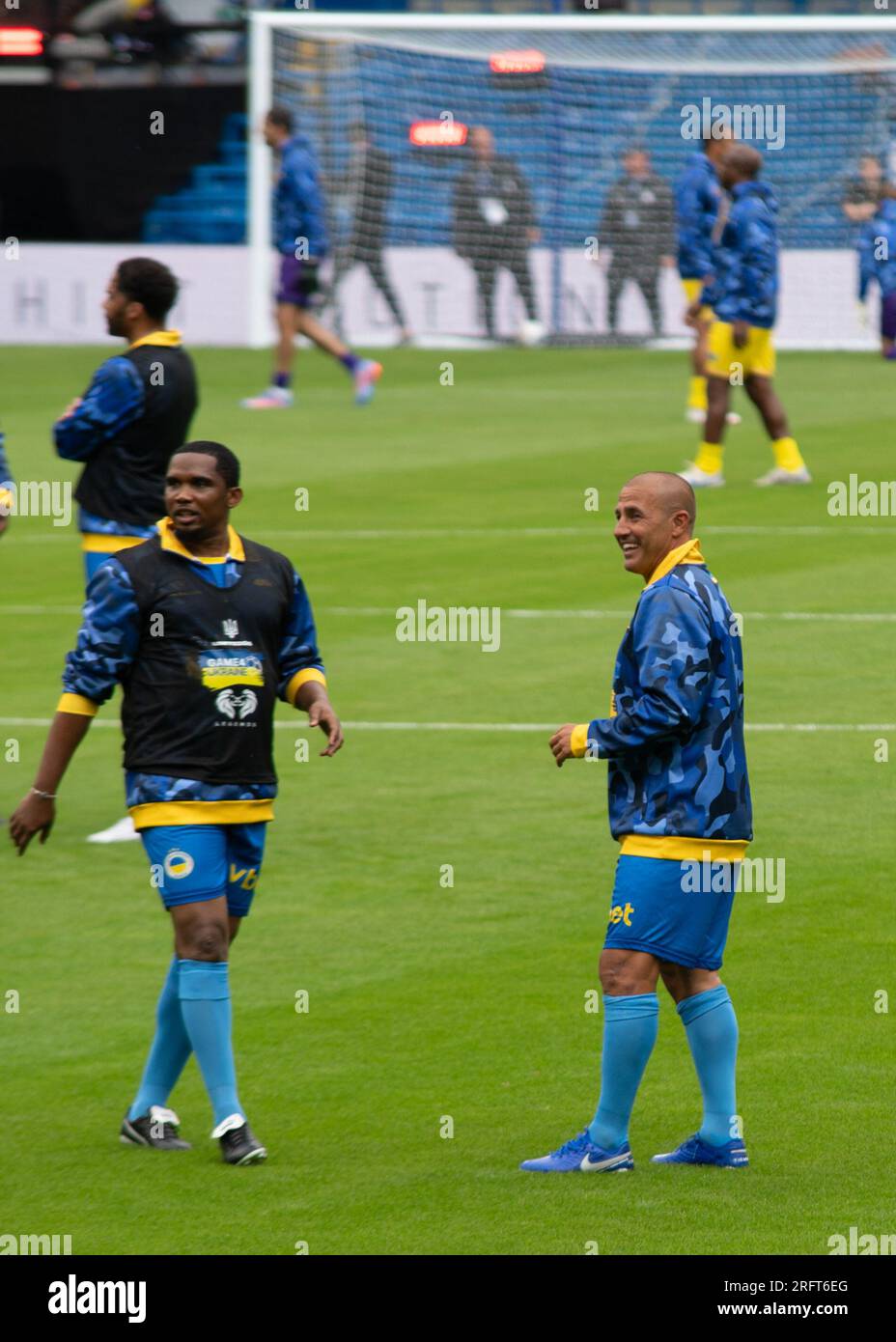 London, UK, 5th August 2023. Fabio Cannavaro and Samuel Eto'o warm up before 2 All Stars football teams and a number of music artists join together at Stamford Bridge in a charity game for Ukraine. Cristina Massei/Alamy Live News Stock Photo