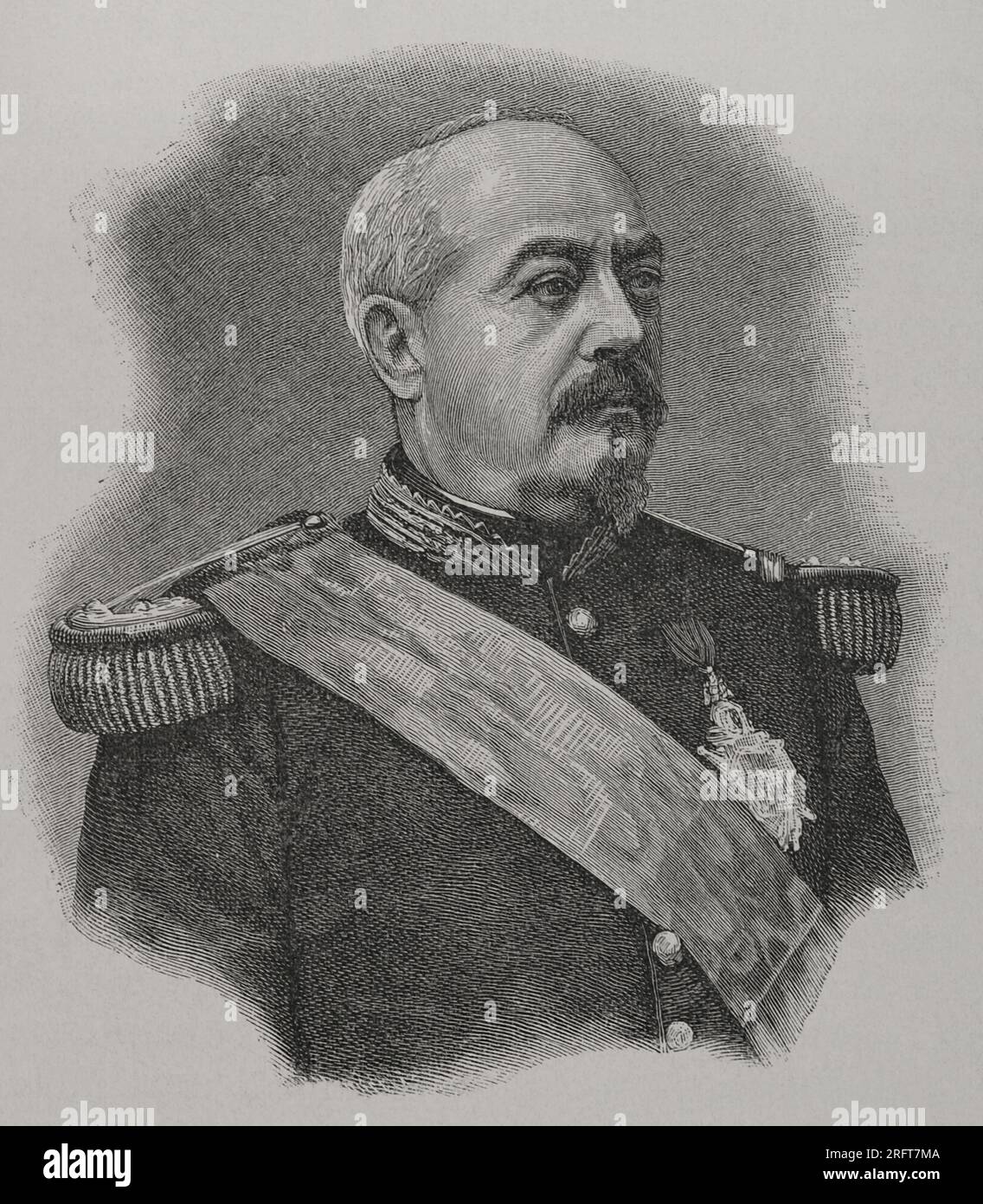 François Achille Bazaine (1811-1888). Marshal of France. He took part in the Algerian War, the Crimean War, the Second French Intervention in Mexico and the Franco-Prussian War. Portrait. Engraving. "Historia de la Guerra Franco-Alemana de of 1870-1871". Published in Barcelona, 1891. Stock Photo