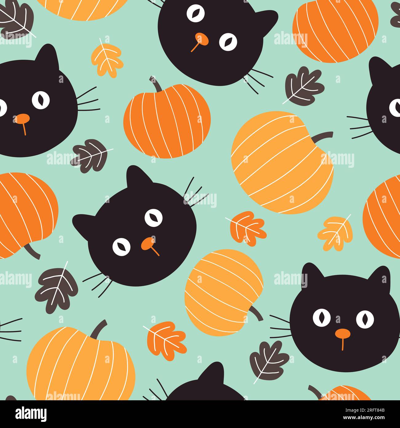 Seamless pattern with black cats, pumpkins and fall leaves. Halloween ...