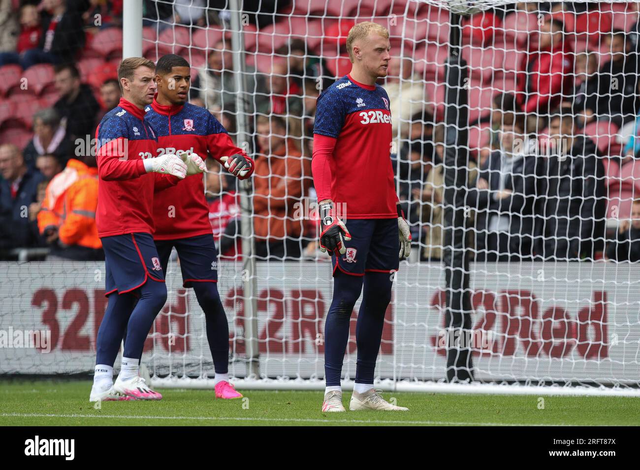 Jamie Jones #32 of Middlesbrough, Seny Dieng #1 of Middlesbrough and Tom Glover #23 of Middlesbrough during the pre match warm up ahead of the Sky Bet Championship match Middlesbrough vs Millwall at Riverside Stadium, Middlesbrough, United Kingdom, 5th August 2023  (Photo by James Heaton/News Images) Stock Photo