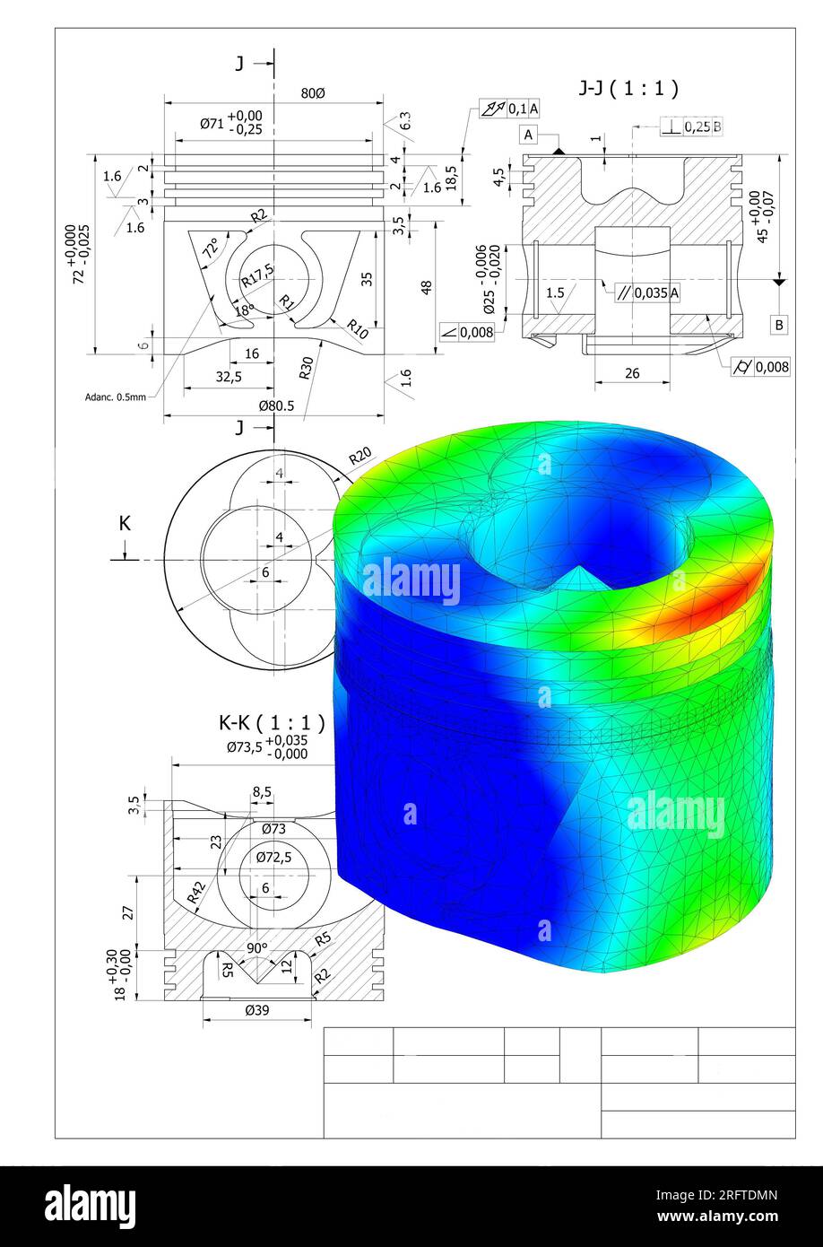 finite element method, FEM, analysis and Engineering Technical Drawing Graphics of a piston from a combustion engine in a car Stock Photo
