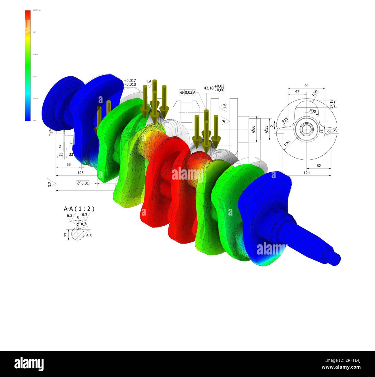 finite element method, FEM, and technical drawing crankshaft, testing fatigue and stress in the material Stock Photo