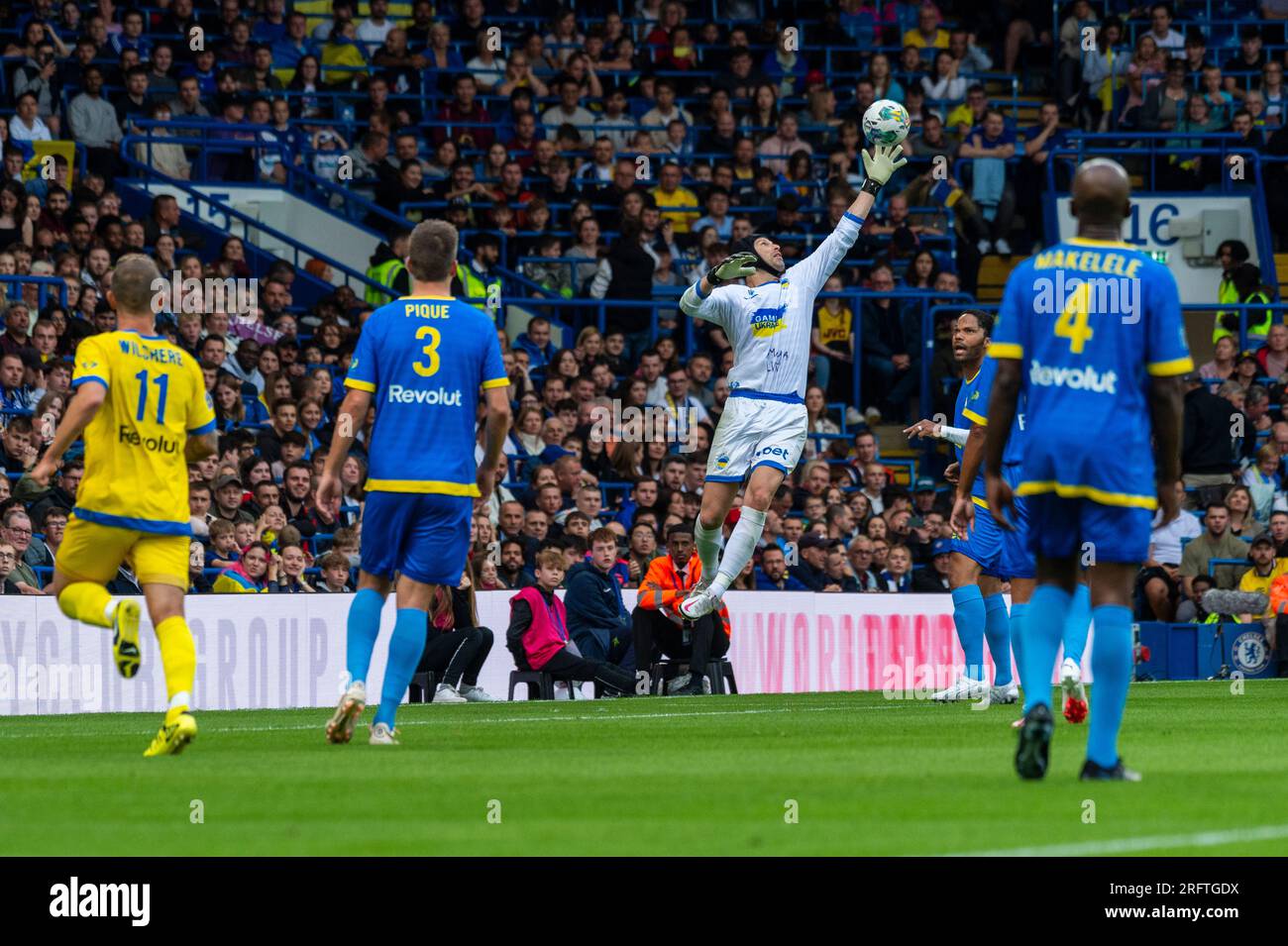 London, UK. 5 August 2023. Petr Cech (blue team) makes a save during the  Game4Ukraine charity football match at Stamford Bridge, home of Chelsea FC,  between former Chelsea striker Andriy Shevchenko's Team