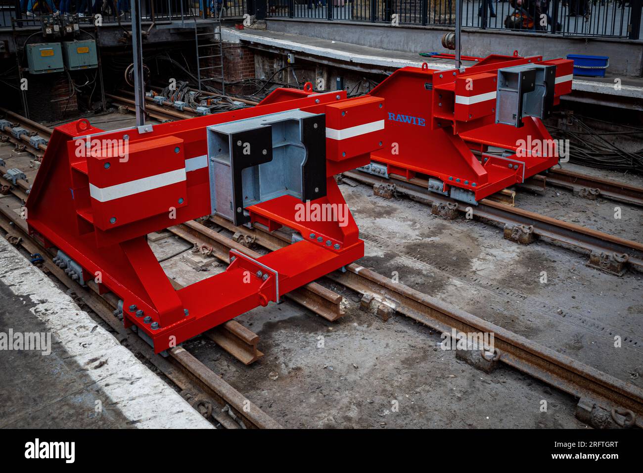 Railway Buffer Stops at Kings Cross Station London. Rawie friction Bufferstops at London Kings Cross Station. Rawie Buffer Stops. Stock Photo